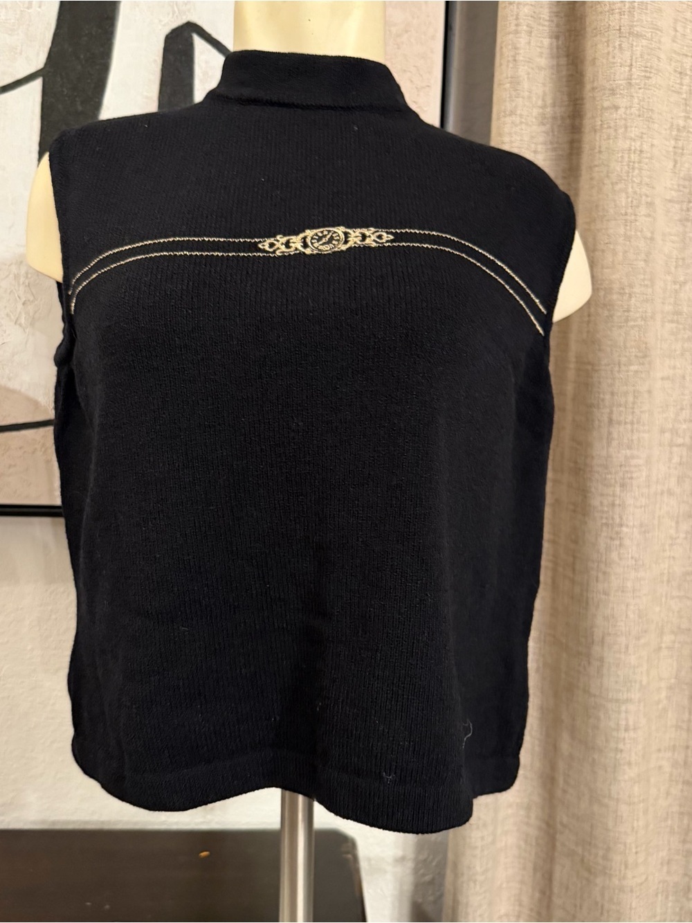 St John Sport  Mock-Neck Black Tank Top with Gold Chain Detail
